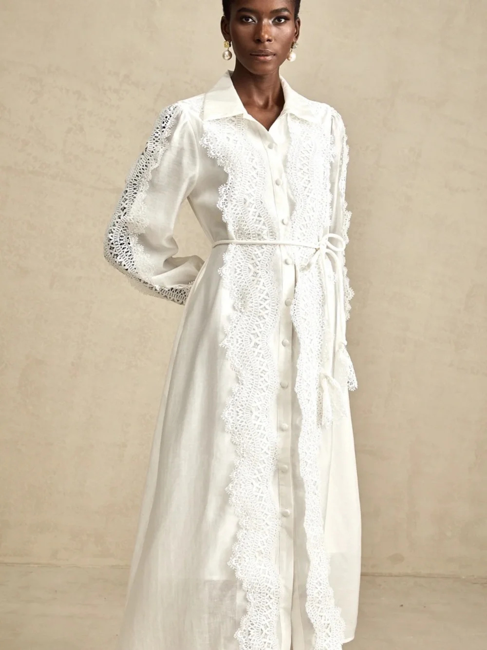 White Lace-Trim Long Button-Down Dress - Picture 2 of 10